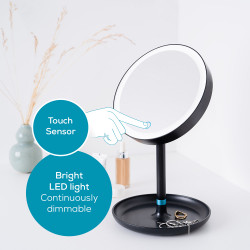 Καθρέπτης μακιγιάζ Beurer BS 45, 17.5 cm,  LED φωτισμό, Πενταπλή μεγέθυνση, Αισθητήρας αφής, Ρυθμιζόμενη φωτεινότητα, Μαύρο