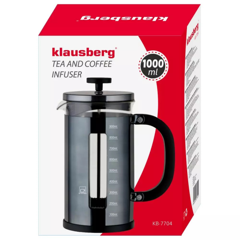 Καφετιέρα γαλλικού καφέ με πρέσα  Klausberg KB 7704, 1 l, Υψηλής ποιότητας βοριοπυριτικό γυαλί, Κλίμακα μέτρησης, Σκούρο γκρι