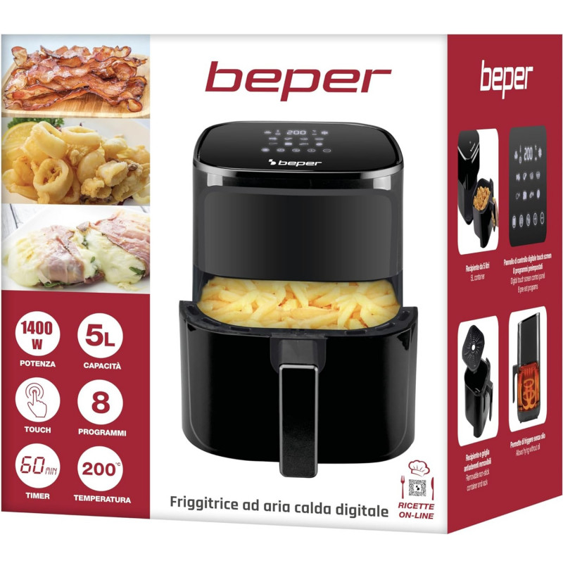 Φριτέζα με ζεστό αέρα Air Fryer Beper P101FRI051, 1400 W, 5 l, 8 προγράμματα, 80-200 °C, χρονοδιακόπτης, μαύρο