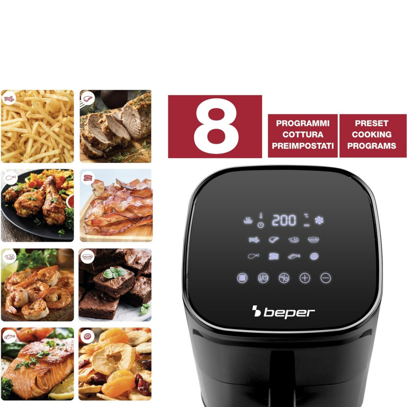 Φριτέζα με ζεστό αέρα Air Fryer Beper P101FRI051, 1400 W, 5 l, 8 προγράμματα, 80-200 °C, χρονοδιακόπτης, μαύρο