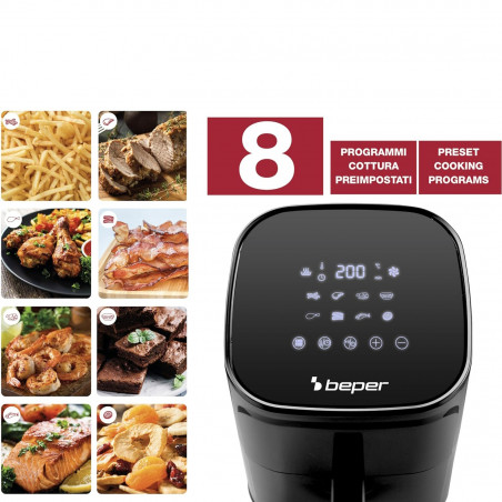 Φριτέζα με ζεστό αέρα Air Fryer Beper P101FRI051, 1400 W, 5 l, 8 προγράμματα, 80-200 °C, χρονοδιακόπτης, μαύρο