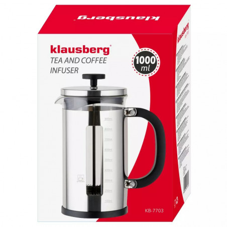 Καφετιέρα γαλλικού καφέ με πρέσα Klausberg KB 7703, 1 l, Υψηλής ποιότητας βοριοπυριτικό γυαλί, Κλίμακα μέτρησης, Inox