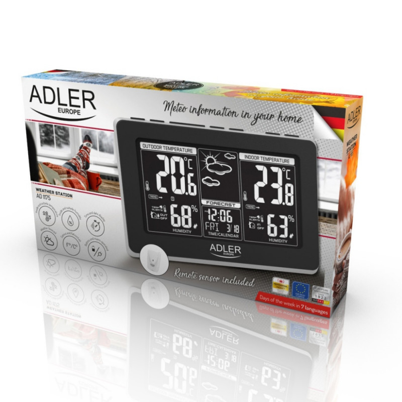 Μετεωρολογικός Σταθμός Adler AD 1175 , Πρόγνωση Καιρού, Ημερολόγιο,  υγρόμετρο, Ρολόι, Οθόνη LCD, Ασημί