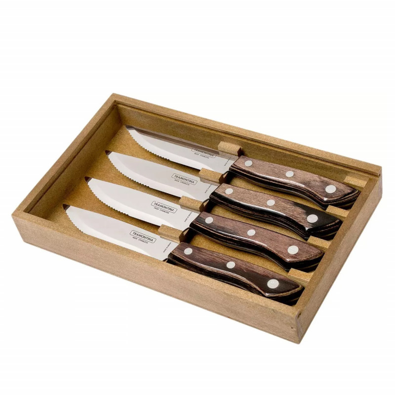 Σετ μαχαιριών για μπριζόλα Tramontina TC29899-514, 4 τμχ, ανοξείδωτο, λαβή από ξύλο, κατάλληλο για σκάλισμα, καφέ