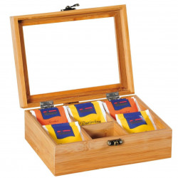 Θήκη Οργάνωσης Kesper tea box 58902, 21,7x16x9cm, Μπαμπού, 6 θήκες, Διαφανές καπάκι, Καφέ