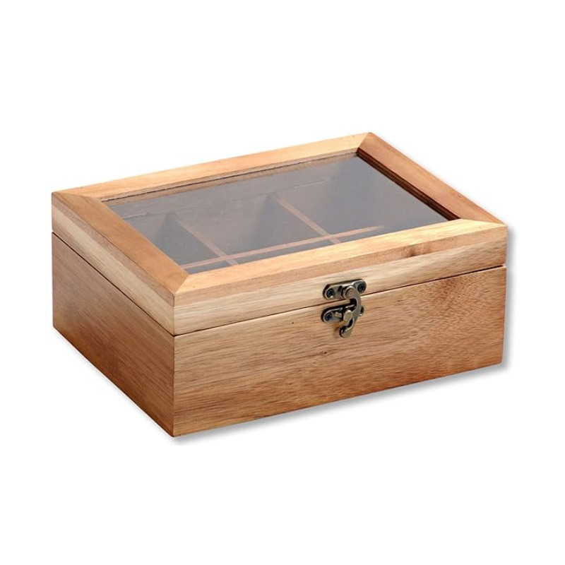 Θήκη Οργάνωσης Kesper tea box 58902, 21,7x16x9cm, Μπαμπού, 6 θήκες, Διαφανές καπάκι, Καφέ