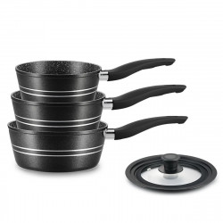 Σετ κατσαρόλες Royalty Line RL-FS3M BLACK, 4 τεμ., Αντικολλητική επίστρωση, Χωρίς PFOA, Κρύες λαβές, Επαγωγή, Μαύρο