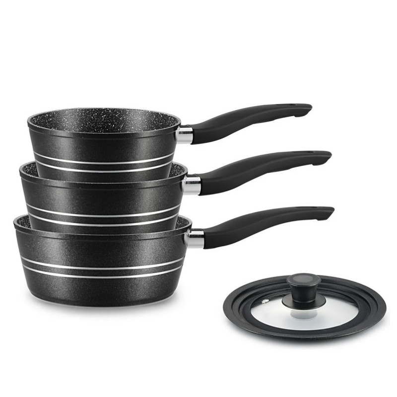 Σετ κατσαρόλες Royalty Line RL-FS3M BLACK, 4 τεμ., Αντικολλητική επίστρωση, Χωρίς PFOA, Κρύες λαβές, Επαγωγή, Μαύρο