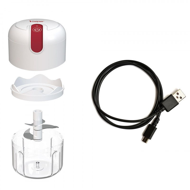 Φορητός μπλέντερ USB Beper P102ROB050, Li-Ion 1500 mAh, 30W, 250ml, 3 μαχαίρια, λειτουργία Pulse, Διαφανές/Λευκό