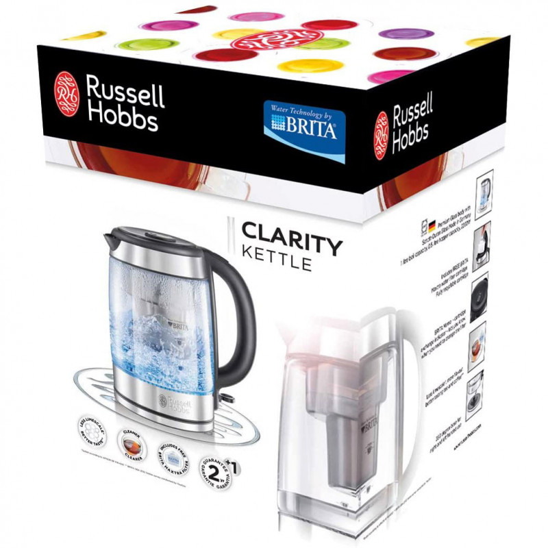 Γυάλινος ηλεκτρικός βραστήρας με φίλτρο Russell Hobbs Clarity 20760-57, 2200W, 1L, Φωτιζόμενος, Κρυφός θερμαντήρας, SCHOTT DURAN, Ανοξείδωτο