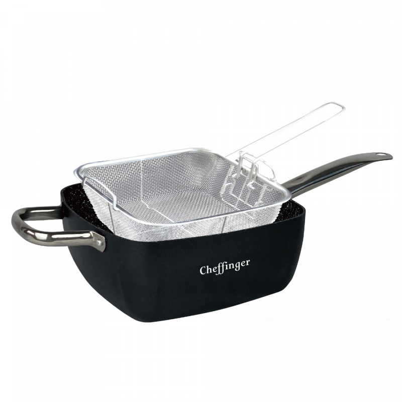 Cheffinger FA04 Τηγάνι πολλαπλών λειτουργιών, 24 cm, Αντικολλητική επίστρωση, Κρύα λαβή, Ανθεκτικό στις γρατσουνιές, Πολυλειτουργικό, Μαύρο