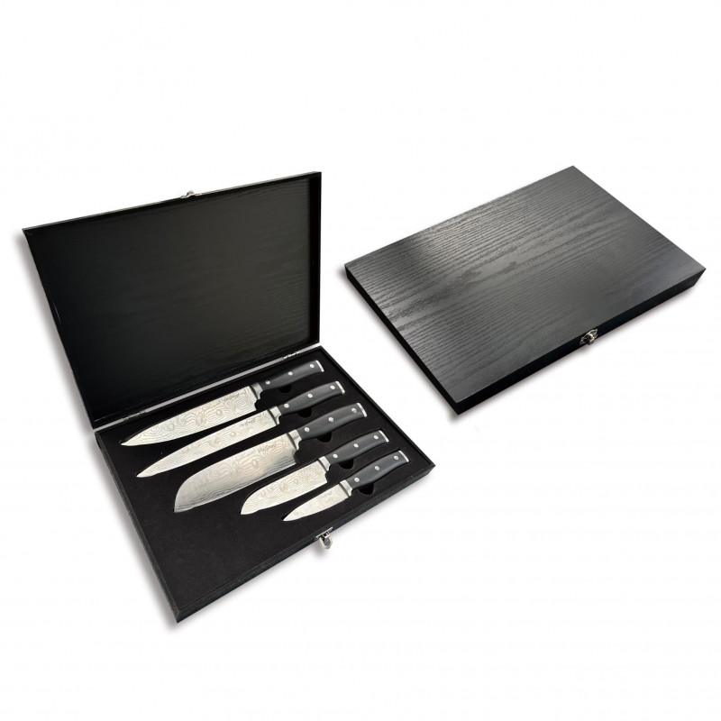 Σετ μαχαιριών σε ξύλινο κουτί Cheffinger DAMA01, 5 h, Ανοξείδωτο, Μαύρο