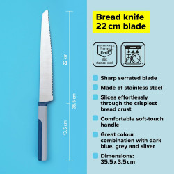 Μαχαίρι ψωμιού Tasty 678246, Μαλακή λαβή, 20 cm, Ανοξείδωτο, Μπλε