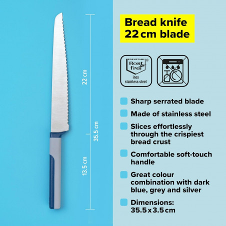 Μαχαίρι ψωμιού Tasty 678246, Μαλακή λαβή, 20 cm, Ανοξείδωτο, Μπλε