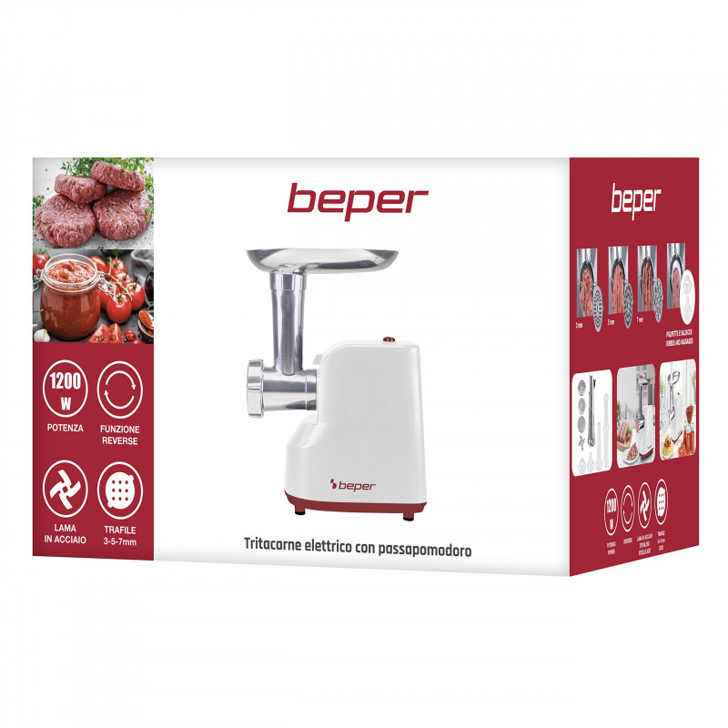 Κρεατομηχανή με εξάρτημα ντομάτας Beper P102ROB200, 1200W, 3 λεπίδες, ABS, αντίστροφη λειτουργία, Λευκό