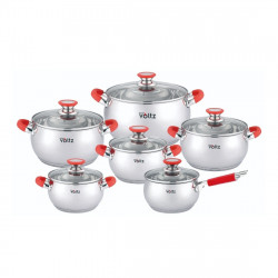 Σετ μαγειρικών σκευών Oliver Voltz OV51210N12, 12h, Induction, Λαβές σιλικόνης, Inox/κόκκινο