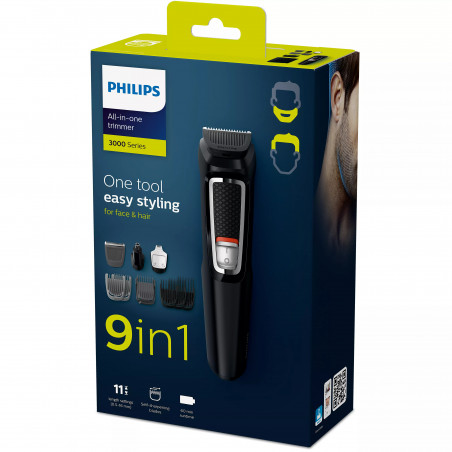 Μηχανή τρίμμερ 9 σε 1 Philips MG3740/15, Πολυλειτουργικό, λειτουργία 60 λεπτών, Αυτοακονιζόμενες λεπίδες, Προσαρτήματα που πλένονται, Μαύρο