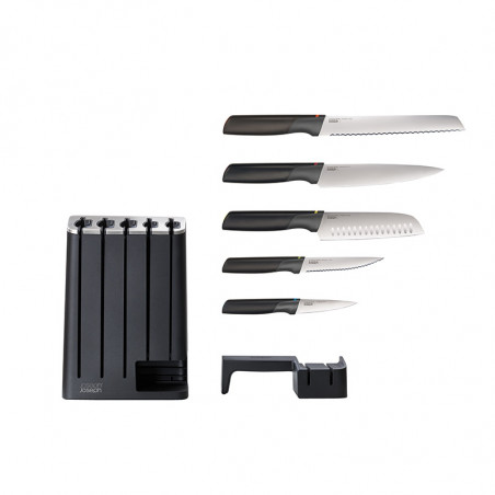 Σετ μαχαιριών με ακονιστήρι Joseph Joseph Elevate 10537, 5 τμχ, 35,7x16,8x7,5 cm, Ιαπωνικό ατσάλι, Εργονομικές λαβές, Μαύρο/ανοξείδωτο