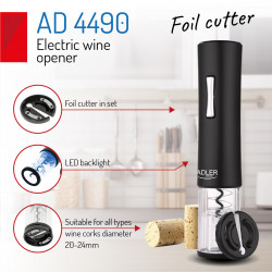 Ηλεκτρικό ανοιχτήρι Adler AD 4490, Κόφτης μεμβράνης σε σετ, 4 x ΑΑ μπαταρίες, Μαύρο