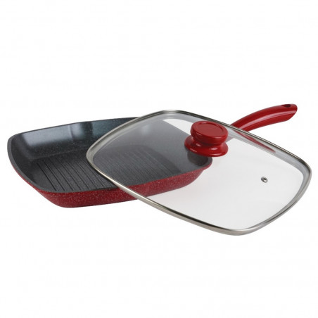 Τηγάνι σχάρας με καπάκι Oliver Voltz OV54316A28C, 28 cm, Μαρμάρινη επίστρωση, Επαγωγή, Κόκκινο
