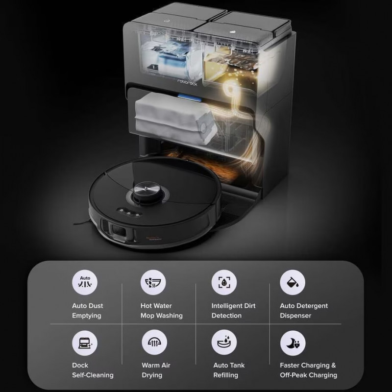 Ρομποτική ηλεκτρική σκούπα Roborock S8 MaxV Ultra S8MVU52-00, 69W, 10000 Pa, Lidar, Wi-Fi, Φωνητικές εντολές, 5200 mAh, 3D χαρτογράφηση, Αυτονομία έως 180 λεπτά, Μαύρο