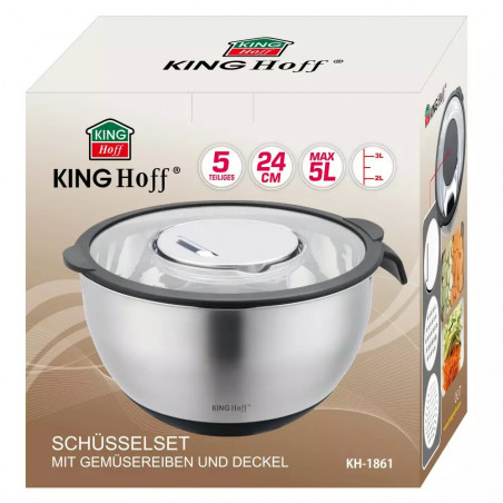 Πολυλειτουργική σαλατιέρα Kinghoff KH 1861, 24 cm, 5 l, 3 τρίφτες, αντιολισθητική, Inox/μαύρο