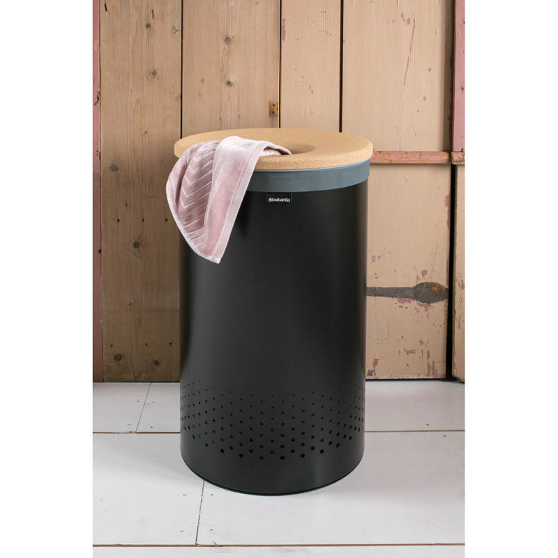 Καλάθι πλυντηρίου Brabantia 1000826, 60 l, Καπάκι από φελλό, Πλήρωση χωρίς άνοιγμα, οπές εξαερισμού, Μαύρο