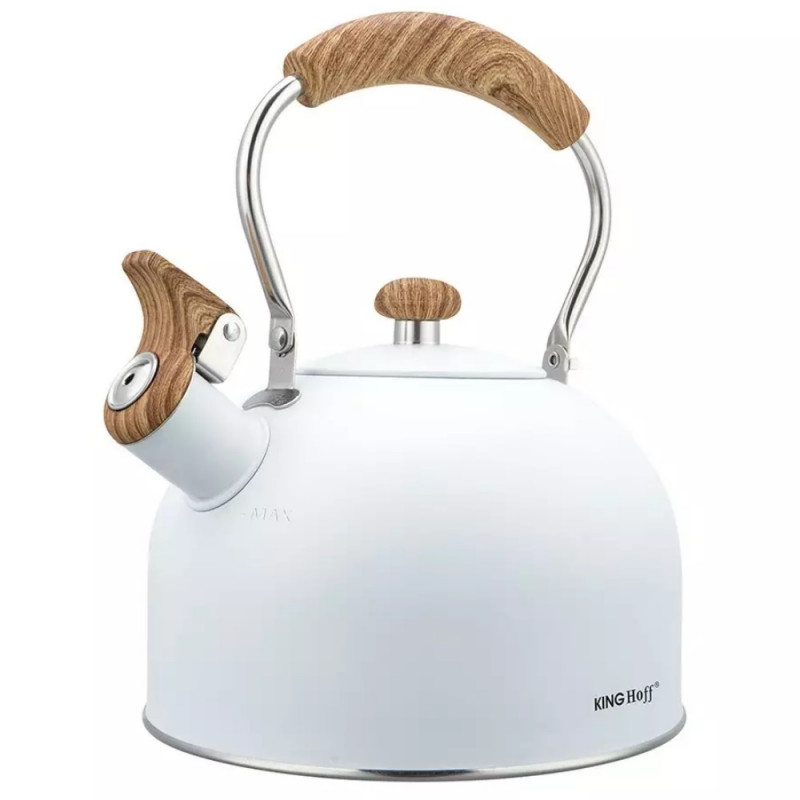 Τσαγιέρα με σφυρίχτρα Kinghoff KH 1860, 2.5l, Επαγωγή, Ξύλινη λαβή, Λευκό