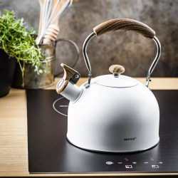 Τσαγιέρα με σφυρίχτρα Kinghoff KH 1860, 2.5l, Επαγωγή, Ξύλινη λαβή, Λευκό