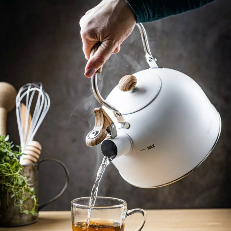 Τσαγιέρα με σφυρίχτρα Kinghoff KH 1860, 2.5l, Επαγωγή, Ξύλινη λαβή, Λευκό