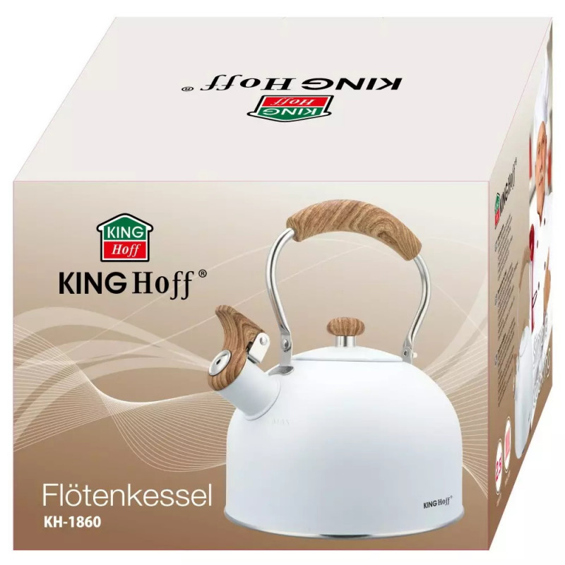 Τσαγιέρα με σφυρίχτρα Kinghoff KH 1860, 2.5l, Επαγωγή, Ξύλινη λαβή, Λευκό