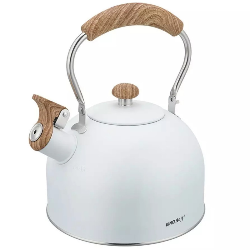 Τσαγιέρα με σφυρίχτρα Kinghoff KH 1860, 2.5l, Επαγωγή, Ξύλινη λαβή, Λευκό