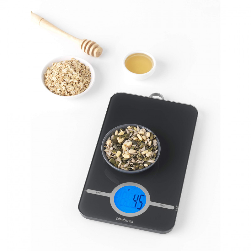 Ζυγαριά κουζίνας Brabantia Tasty+ 1001251, Μέχρι 5 kg, 3x μπαταρίες AAA, Ταράζ, οθόνη LCD, Σκούρο γκρι
