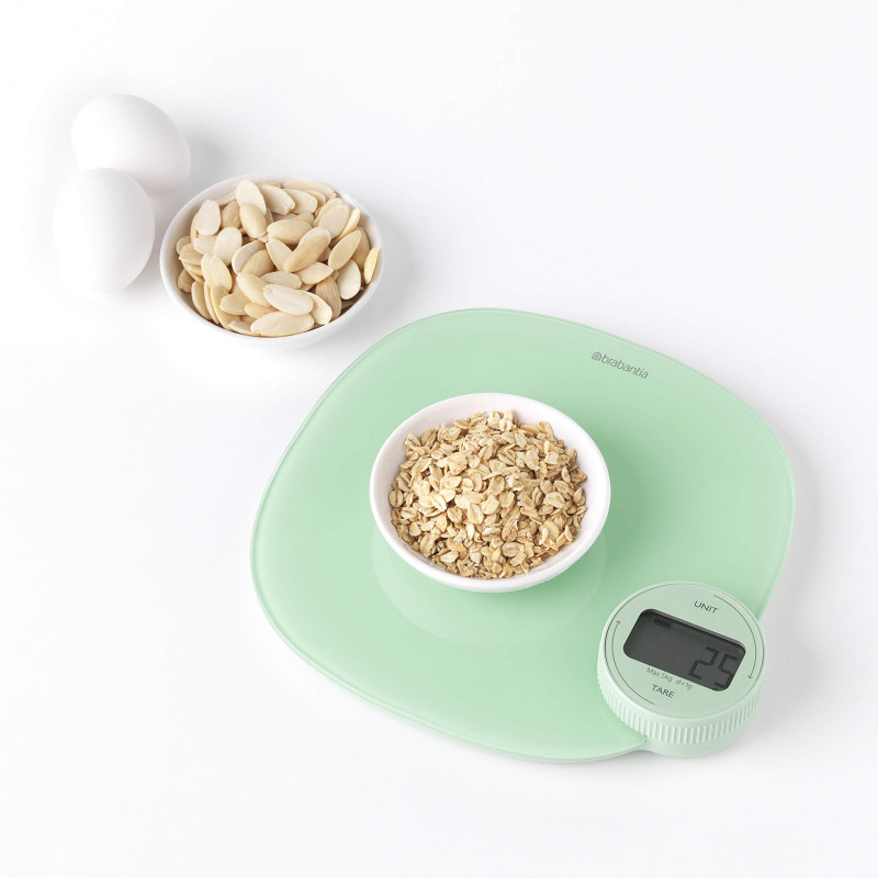 Ζυγαριά κουζίνας Brabantia Tasty+ 1001254, Μέχρι 5 kg, Δεν χρειάζονται μπαταρίες, Τάρα, Ψηφιακή οθόνη, Πράσινο φως