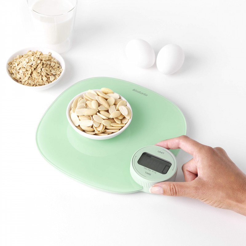 Ζυγαριά κουζίνας Brabantia Tasty+ 1001254, Μέχρι 5 kg, Δεν χρειάζονται μπαταρίες, Τάρα, Ψηφιακή οθόνη, Πράσινο φως