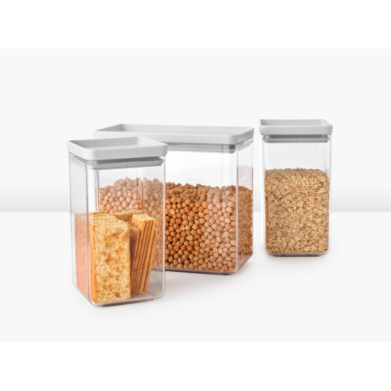 Κουτιά αποθήκευσης Brabantia Tasty+ Stackable 1008880, 2x1.6l+1x3.5l, BPA-free, Στεγανό κλείσιμο, Ανοιχτό γκρι