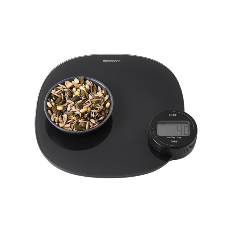 Ζυγαριά κουζίνας Brabantia Tasty+ 1001253, Μέχρι 5 kg, Δεν απαιτούνται μπαταρίες, Τάρα, Ψηφιακή οθόνη, Σκούρο γκρι