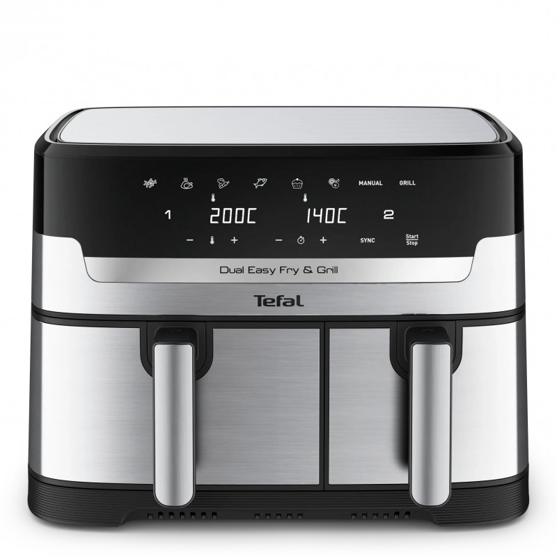 Διπλή φριτέζα ζεστού αέρα Tefal Dual Easy Fry & Grill EY905D10, 2750 W, 5,1+3,2 l, 40-200C, 2,2 kg, 8 προγράμματα, οθόνη LCD, Συγχρονισμός,  Μαύρο/Inox
