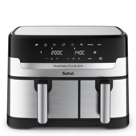 Διπλή φριτέζα ζεστού αέρα Tefal Dual Easy Fry & Grill EY905D10, 2750 W, 5,1+3,2 l, 40-200C, 2,2 kg, 8 προγράμματα, οθόνη LCD, Συγχρονισμός,  Μαύρο/Inox