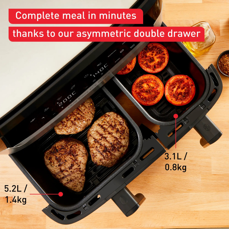 Διπλή φριτέζα ζεστού αέρα Tefal Dual Easy Fry & Grill EY905D10, 2750 W, 5,1+3,2 l, 40-200C, 2,2 kg, 8 προγράμματα, οθόνη LCD, Συγχρονισμός,  Μαύρο/Inox
