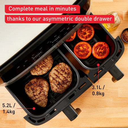 Διπλή φριτέζα ζεστού αέρα Tefal Dual Easy Fry & Grill EY905D10, 2750 W, 5,1+3,2 l, 40-200C, 2,2 kg, 8 προγράμματα, οθόνη LCD, Συγχρονισμός,  Μαύρο/Inox