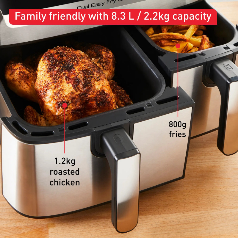Διπλή φριτέζα ζεστού αέρα Tefal Dual Easy Fry & Grill EY905D10, 2750 W, 5,1+3,2 l, 40-200C, 2,2 kg, 8 προγράμματα, οθόνη LCD, Συγχρονισμός,  Μαύρο/Inox