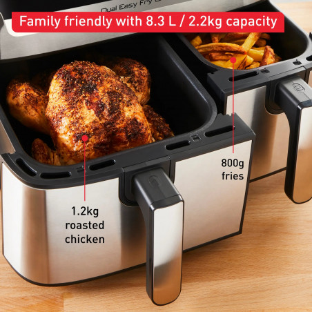 Διπλή φριτέζα ζεστού αέρα Tefal Dual Easy Fry & Grill EY905D10, 2750 W, 5,1+3,2 l, 40-200C, 2,2 kg, 8 προγράμματα, οθόνη LCD, Συγχρονισμός,  Μαύρο/Inox