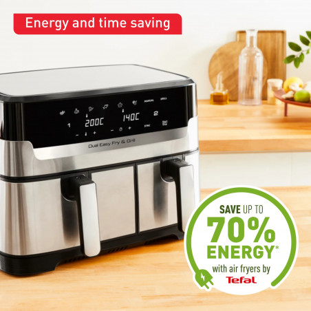Διπλή φριτέζα ζεστού αέρα Tefal Dual Easy Fry & Grill EY905D10, 2750 W, 5,1+3,2 l, 40-200C, 2,2 kg, 8 προγράμματα, οθόνη LCD, Συγχρονισμός,  Μαύρο/Inox