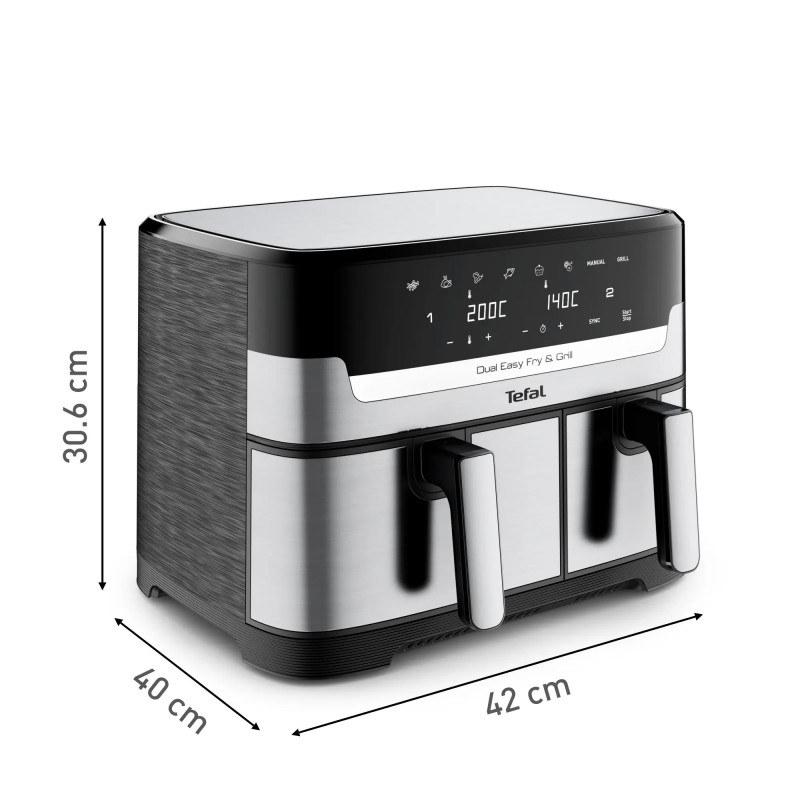 Διπλή φριτέζα ζεστού αέρα Tefal Dual Easy Fry & Grill EY905D10, 2750 W, 5,1+3,2 l, 40-200C, 2,2 kg, 8 προγράμματα, οθόνη LCD, Συγχρονισμός,  Μαύρο/Inox