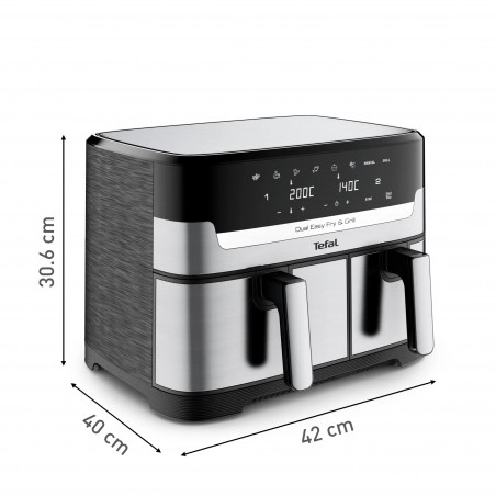 Διπλή φριτέζα ζεστού αέρα Tefal Dual Easy Fry & Grill EY905D10, 2750 W, 5,1+3,2 l, 40-200C, 2,2 kg, 8 προγράμματα, οθόνη LCD, Συγχρονισμός,  Μαύρο/Inox