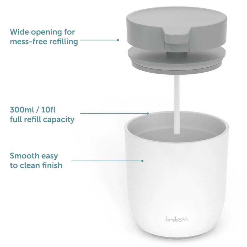 Δοσομετρητής σαπουνιού Trebonn 3025120, Δράση πίεσης, 300 ml, Μεγάλο άνοιγμα, Μεγάλη αντλία, Λευκό/γκρι