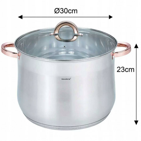 Κατσαρόλα Klausberg KB 7796, 16 l, 30 cm, Γυάλινο καπάκι, Πάτος πολλαπλών στρώσεων, Επαγωγή, Ανοξείδωτο ατσάλι/Ροζ χρυσό