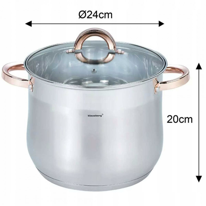 Κατσαρόλα Klausberg KB 7793, 8,6 l, 24 cm, Γυάλινο καπάκι, Πάτος πολλαπλών στρώσεων, Επαγωγή, Ανοξείδωτο ατσάλι/Ροζ χρυσό
