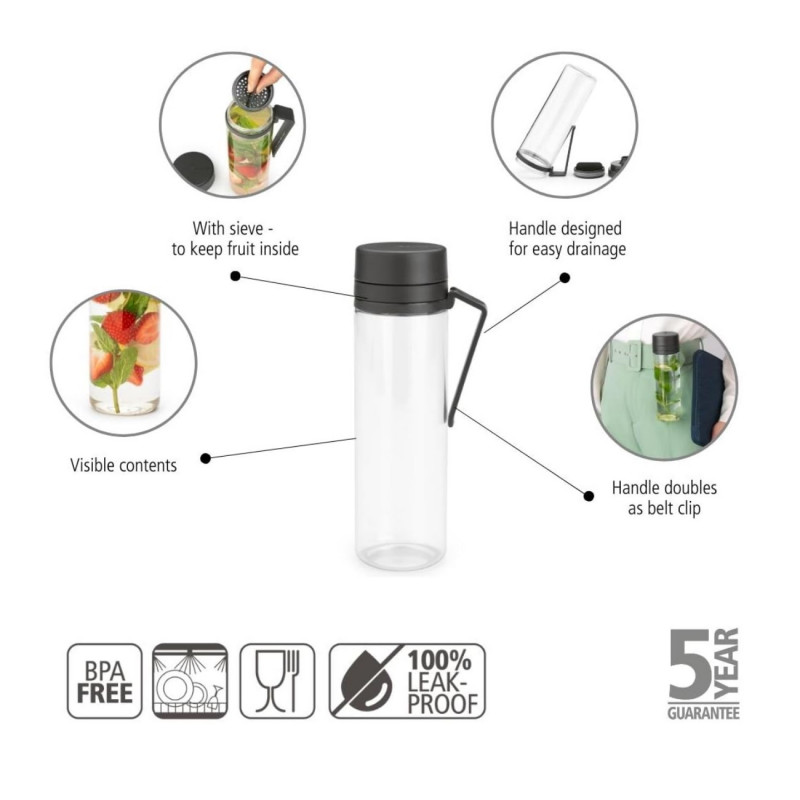Μπουκάλι Brabantia Make&Take 1006278, 500 ml, Με σουρωτήρι, Προστασία από διαρροές, Μεγάλο άνοιγμα, Σκούρο γκρι/Διαφανές